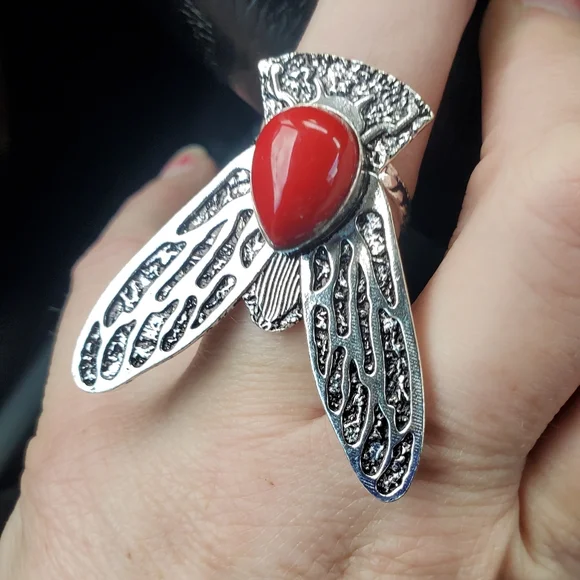 New Coral Flying Insect Silver Ring. - Picture 9 of 14